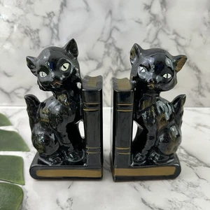 Vintage Mid Century Cat Bookends Black Gold Ceramic Japan Pen Holder Book Decor - Picture 1 of 7