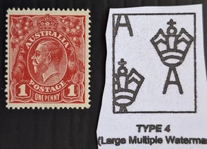 1919 Australia 1d Carmine Rose KGV stamp LMWMK P14.25X14 MUH Cat $80.00. - Picture 1 of 3