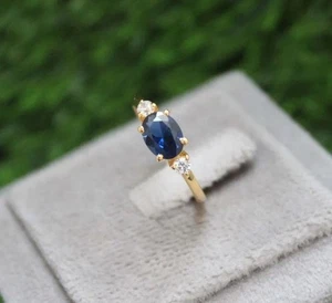 Lab Created Blue Sapphire Ring Solid 925Sterling Silver Engagement Sapphire Ring - Picture 1 of 9