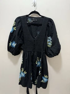 ASOS Design Black Puff Sleeve Mini Dress with Blue Floral Embroidery – Size 8 - Picture 1 of 10