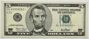 2001 $5 Federal Reserve Note SN CL03936283* STAR Uncirculated - Picture 1 of 2