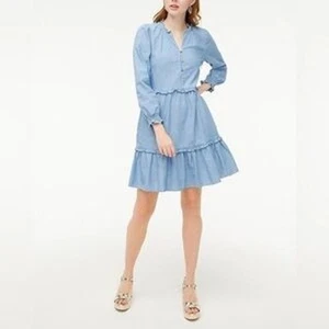 J. Crew Damen blau Chambray Rüschen Minikleid Größe 2 Langarm - Bild 1 von 10
