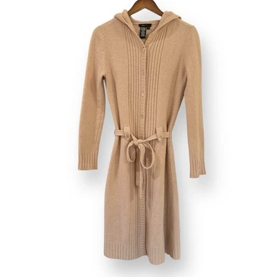 BCBG MAXAZRIA Tan Knit Button Up Belted Hooded Cardigan Sweater Size S Lambswool - Image 1 of 4
