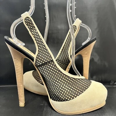 Fendi Mujer Plataforma Malla Gamuza Eslinga Tacones Traseros - Talla 39,5/8,5 negro beige Foto 1 de 4