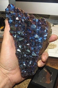 METALIZED AMETHYST CRYSTAL CLUSTER GEODE FROM BRAZIL CATHEDRAL W/ WOOD BASE  - Picture 1 of 5