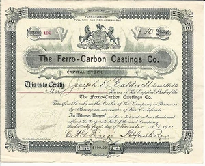 PENNSYLVANIA The Ferro-Carbon Casting Co Stock Certificate 1901 - Picture 1 of 2