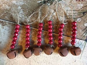 Set/6 Handmade Cranberry Farmhouse Wooden Bead 6" Ornaments Rusty Jingle Bells
