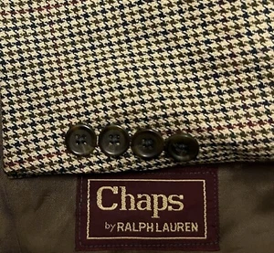 Chaps Ralph Lauren Men 44R Tan Houndstooth Silk/Wool Plaid Vintage Blazer Jacket - Picture 1 of 9