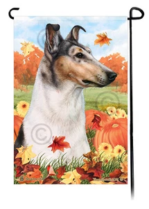 Falling Leaves Garden Flag - Blue Merle Smooth Collie - Picture 1 of 1