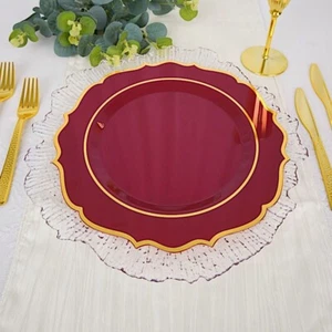 30 BURGUNDY 10.5" Round Plastic Dinner Plates GOLD Scalloped Rim Events Wedding - Picture 1 of 8