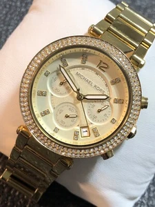 Michael Kors Parker MK5354 Women Gold-Tone Watch Analog Crystal Pave Chronograph - Picture 1 of 21