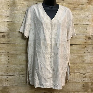 Jones New York 100% Silk Size 10 Button Front Blouse Cream Brown Geometric Print - Bild 1 von 8