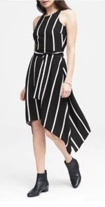 Banana Republic Stripe Tie-Waist Fit-and-Flare Dress Black/White SZ 0 NWT $148 - Picture 1 of 7