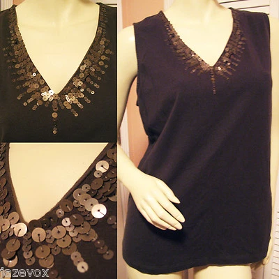 Camiseta sin mangas vintage Y2K años 90 Dana Buchman marrón dorado lentejuelas L informal elegante Grannycore Foto 1 de 4