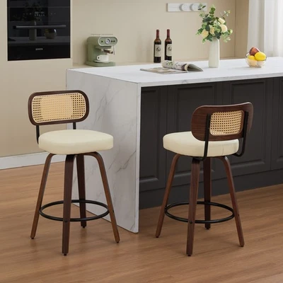 2 Set Beige PU Barstools 26" Swivel Counter Bar Chairs Rattan Back Wooden Legs - Image 1 of 4