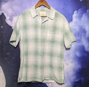Camisa de manga corta a cuadros de mezcla de lino verde para hombre mediana campamento ligera verano - Imagen 1 de 7