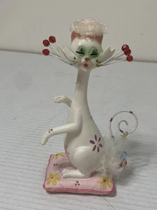 Greenbrier skurrile Katze anthropomorphe Figur Polystone weiß rosa Hut Retro - Bild 1 von 14