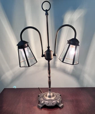 Vintage Beveled Glass & Brass Dual Arm Table Lamp Rembrandt Style 23.5 H x 14 L - Image 1 of 4