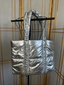 BATH & BODY WORKS Silver Metallic Quilted Puffer Logo Shoulder Tote Handbag NWOT - Picture 1 of 19