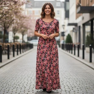 Mikarose Floral Black-Pink Short Sleeves Maxi 53” Dress Size XS - Foto 1 di 8