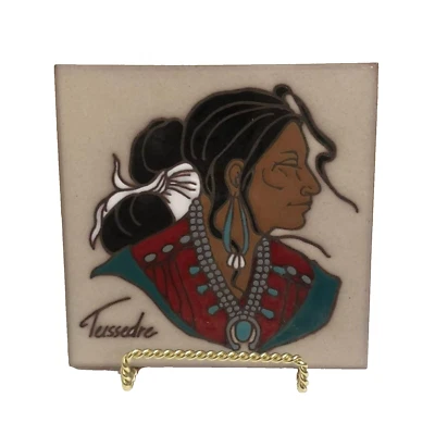 Cleo Teissedre Native American female Indian Clay Coaster Art Tile Trivet stand - Image 1 of 4