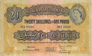 East Africa 20/- 1.1.1955 P 35 Series G51 Que. II Circulated Banknote TX10 - Picture 1 of 2