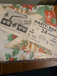Vintage MCM Party-Pak Vinyl Reversible Tablecloth 24 Napkins Christmas Birthday - Picture 1 of 6