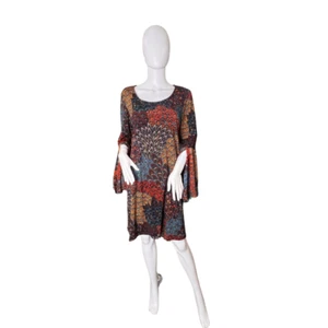 MSK Kleid XL Mehrfarbig Abstrakt Pfauenfeder Print Glockenmanschette Bohemian Dress - Bild 1 von 14