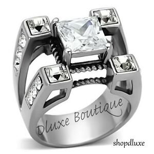 MEN'S PRINCESS CUT CUBIC ZIRCONIA SILVER STAINLESS STEEL RING SIZE 8-14