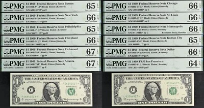1969 $1 Federal Reserve Note PMG 67EPQ graded star district set complete 12 note - Image 1 of 4
