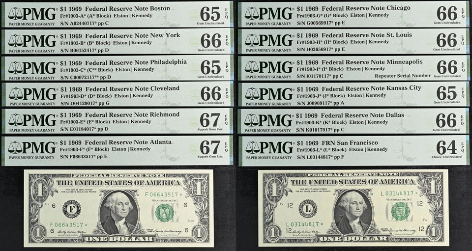 1969 $1 Federal Reserve Note PMG 67EPQ graded star district set complete 12 note - Image 1 of 4
