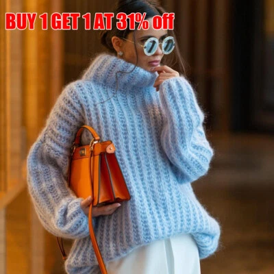 Womens Winter Warm Sweater Fluffy Plain Jumper Ladies Casual Long Pullover Tops~ - Image 1 of 4