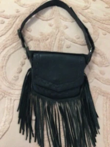 Black fringed leather Boho Western bumbag/ fanny pack vgc - Picture 1 of 4