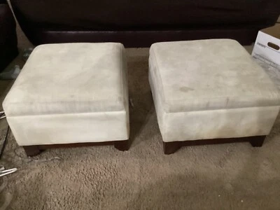 Two storage ottoman square White suede and wood condition used - Image 1 of 4