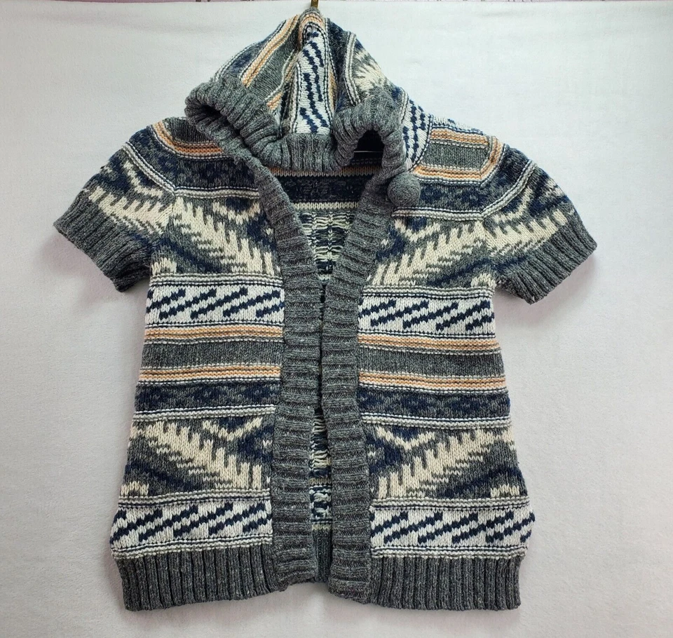 Kenji Sweater Women's Medium Multicolor Gray Aztek Knit Short Sleeve Hooded - Image 1 of 4