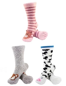 Women's Fuzzy Cozy Warm Cute Animal Home Bed Cabin Socks - 3 Pair (Asst 1) - Picture 1 of 1