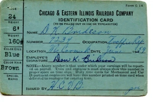 25B497 1959 C&EI CHICAGO & EASTERN ILLINOIS RAILROAD EMPLOYEE CARD DAN BRIDESON - Picture 1 of 2