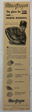 1956 MacGregor baseball glove ad ~ ROBIN ROBERTS Philadelphia Phillies Cover