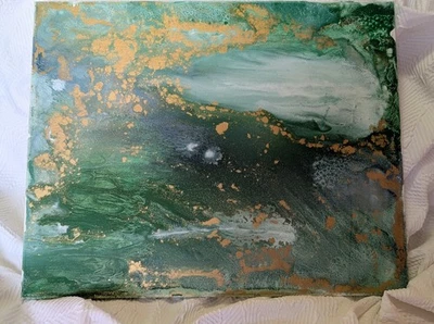  Pintura abstracta grande oro verde esmeralda sobre lienzo hecha a mano  Foto 1 de 3