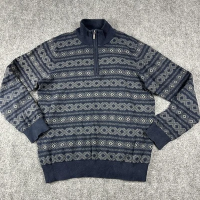 L.L.Bean Sweater Mens Medium Blue Fair Isle Quarter Zip Cotton Cashmere Pullover - Image 1 of 4