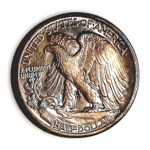 REVERSE TONED PQ 1942 BU WALKING LIBERTY 90% HALF DOLLAR W/GREAT MINT LUSTRE - Picture 1 of 4