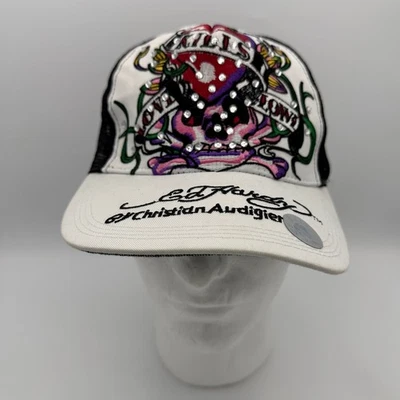 Ed Hardy Christian Estrás Calavera Rosas Camionero Sombrero Blanco Negro Gorra Foto 1 de 4