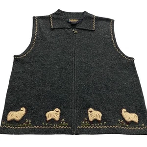 Woolrich 100% Lambswool Zip Up Sheep Vest Collar Grey Vintage Large Cottagecore - Picture 1 of 7