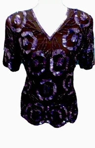 Womens Formal Silk Tunic Top Black And Blue Sequins & Beads Laurence Of Kazar 10 - Picture 1 of 7