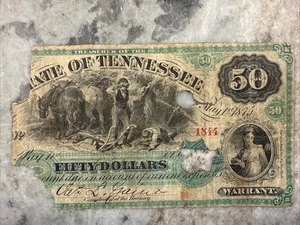 $50 State of Tennessee, May 1, 1875 (S/N 1844) Damaged - Picture 1 of 8