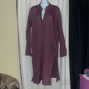 Vintage Cnari Tunika Kleid Damen L Lila Leinen Langarm Knopf Boho Locker - Bild 1 von 2