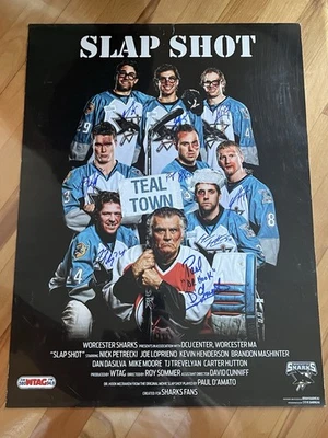 Póster autografiado de la película Worcester Sharks SLAP SHOT hockey AHL San José NHL Foto 1 de 4