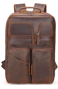 Angelo 17.3" Vintage Full Grain Leather Laptop Backpack for Men, Multi Pocket - Picture 1 of 8