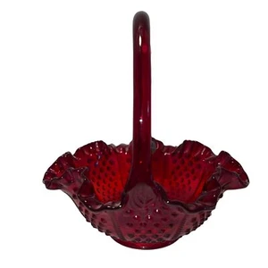 Vintage Fenton Ruby Red Hobnail Paneled Glass Basket w/Crimped & Ruffled Edge - Picture 1 of 8