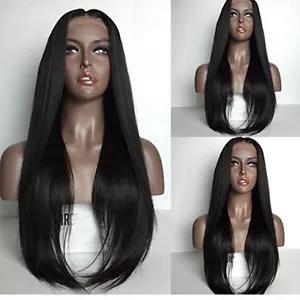Tiefschwarze Haarperücke lang seidig glatt Synthetik Lace Front Perücke Japanfaser Haar - Bild 1 von 10